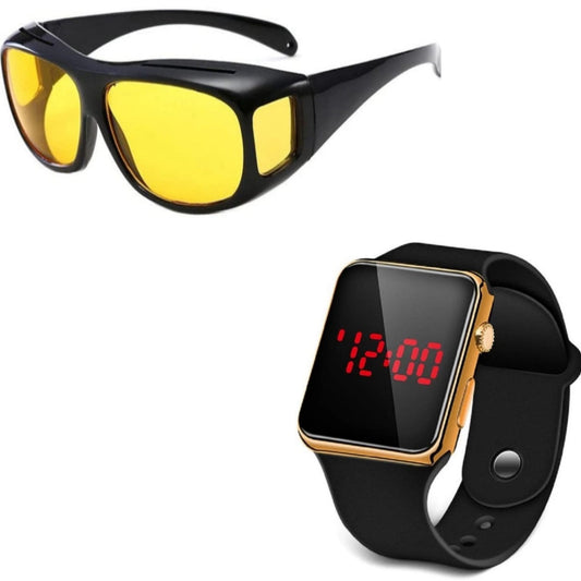 Anti Glare Day & Night HD Vision Wrap Around Goggles With Free Golden Digital Watch @ Rs. 599/-
